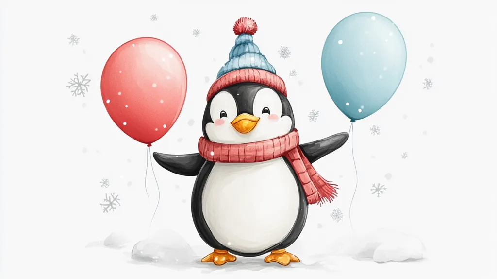 A happy penguin wearing a blue hat and a red scarf holds a red balloon in one wing and a blue balloon in the other. He smiles cheerfully against a white background with snowflakes falling around him. The scene evokes a sense of joy and festivity.