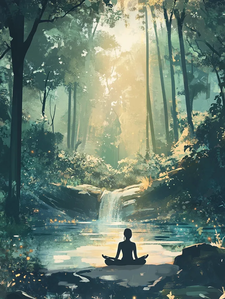 A lone figure sits in a meditative pose in the center of a serene forest scene. The figure is silhouetted against a tranquil pond, with a small waterfall cascading down mossy rocks in the background. Sunlight filters through the dense foliage, creating a dappled, dreamy atmosphere. The scene exudes peace and tranquility, inviting viewers to find their own inner calm amidst nature's beauty.
