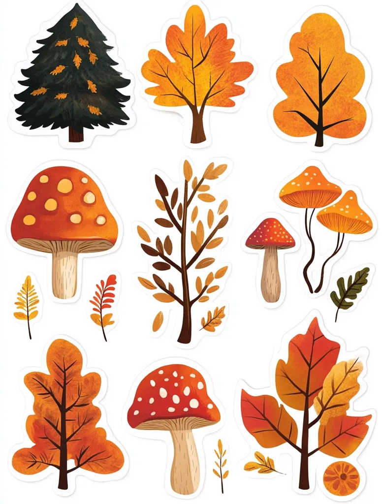 This image features a collection of autumnal elements, including trees, mushrooms, and leaves. The trees are depicted in a variety of shapes and colors, with some showing their leaves turning vibrant orange and yellow. The mushrooms are all red with white spots, and they are scattered among the trees. The leaves are in shades of orange, yellow, and brown. The image evokes a sense of autumnal charm and beauty.