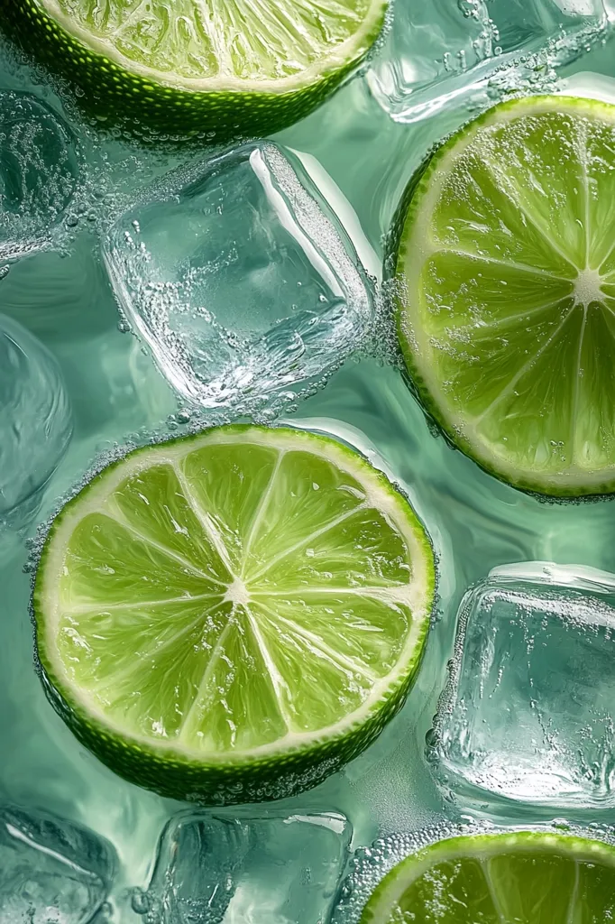 Three lime wedges float in a refreshing drink, nestled amongst clear ice cubes. The limes are plump and juicy, their green flesh glistening. Tiny bubbles dance around them, creating a sense of coolness and refreshment. The composition highlights the contrasting textures of smooth lime and sharp ice, making the image visually appealing and enticing.