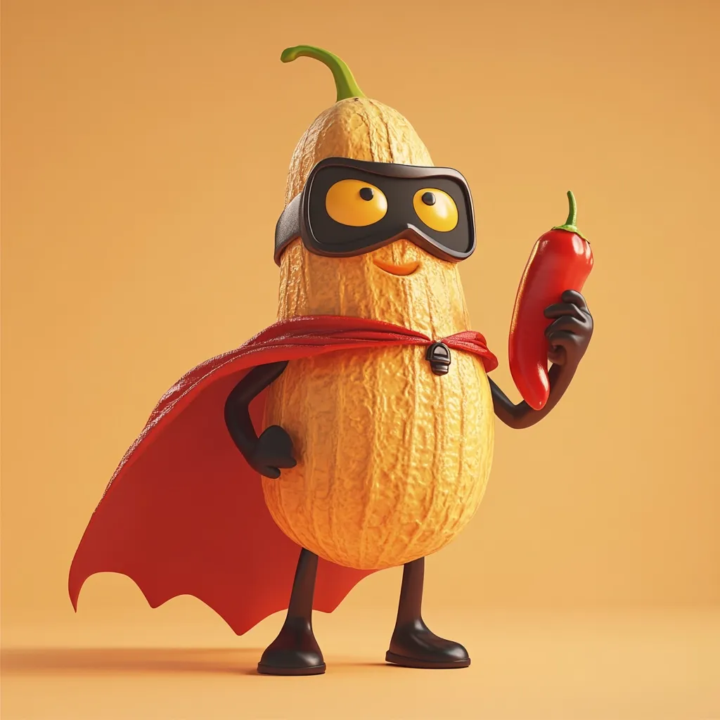 A cartoon squash wearing a red cape and a black mask, stands with a red chili pepper in its hand. The squash is a superhero and it looks confident and strong. The background is a light orange color. The image is fun and playful, with a focus on the squash's character and its heroic pose.  The image is rendered in 3D with a cartoon style and is well-lit with shadows.