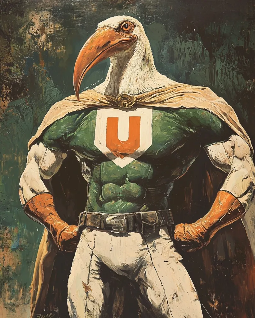 The image depicts a muscular superhero with a bird's head and a large beak. He wears a green and white costume with a large orange "U" on his chest, a brown belt, and orange gloves. He is standing with his arms crossed and a determined expression on his face,  wearing a flowing brown cape. The background is a textured green and brown color, giving the image a vintage comic book feel.