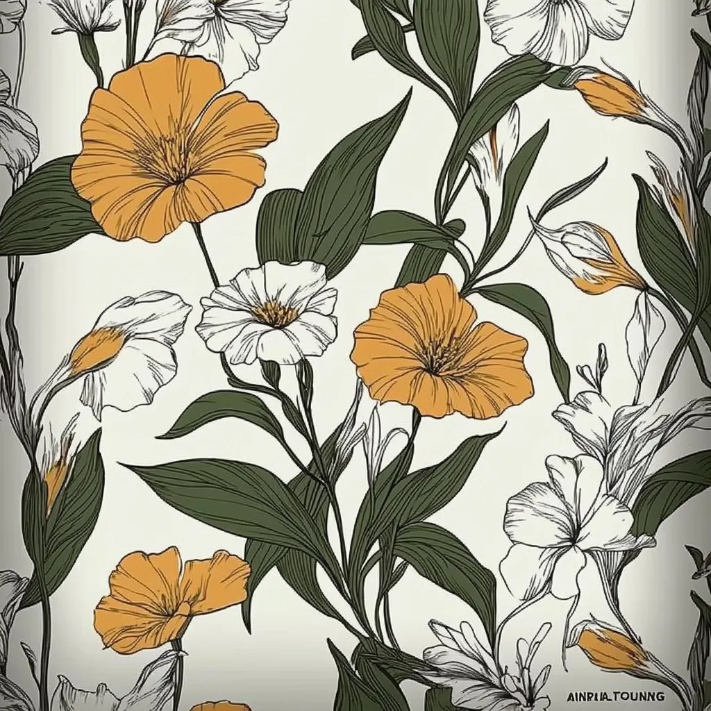 A white background is adorned with a repeating pattern of stylized flowers and leaves. The flowers are a mix of bright yellow and white with delicate, flowing petals. The leaves are a deep green, adding a touch of vibrancy to the design. The overall effect is a sense of delicate beauty and a feeling of spring.