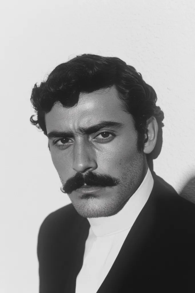 A black and white portrait of a man with a thick mustache. His hair is slicked back and he is wearing a suit jacket. The man's expression is serious and his eyes are looking directly at the camera. He appears to be in his late 20s or early 30s. The image is a close-up and only the man's head and shoulders are visible. The background is a white wall. The image has a classic, timeless quality.
