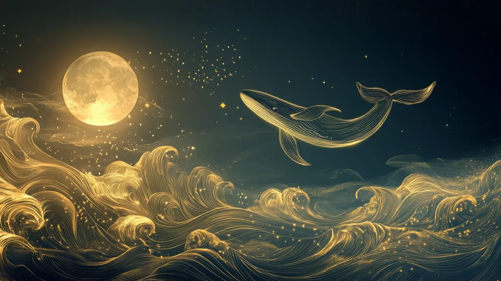 A large, golden moon hangs in a dark, starry sky above a sea of swirling, glowing waves. A whale, also rendered in shimmering gold, leaps from the water, its tail arcing gracefully against the backdrop of the night. The scene evokes a sense of serenity and wonder, with the moon and whale as celestial companions.  The gold highlights the beauty and power of the natural world.