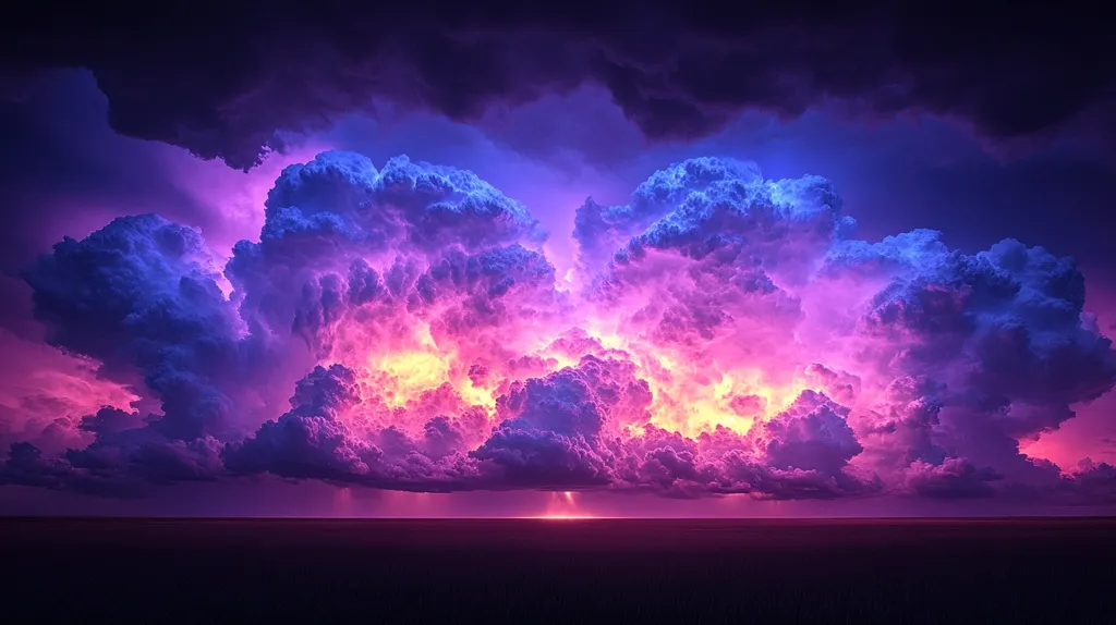 A breathtaking landscape with an enormous, swirling, vibrant cloud formation in shades of purple, blue and pink, with a faint glow at the horizon. The image evokes a sense of awe and wonder, with the vibrant colors of the sky adding a touch of magic to the scene.