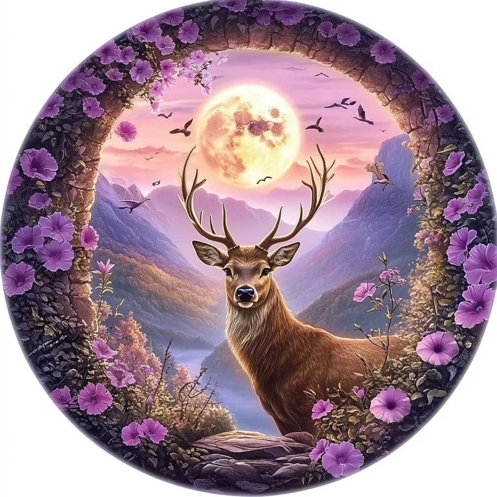 A deer stands majestically in a moonlit forest scene. It gazes forward, framed by a stone archway adorned with vibrant purple flowers. The moon shines brightly above the misty mountains, creating a magical atmosphere. Small birds fly through the twilight sky, adding to the tranquility of the enchanting scene.