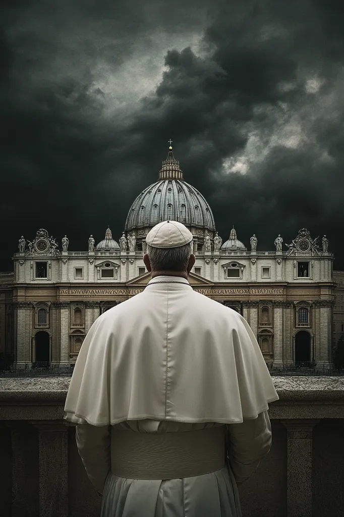 A lone figure in white robes stands facing away from the camera, gazing at the iconic St. Peter's Basilica in Rome. Dark, foreboding clouds loom above, casting an ominous shadow over the scene. The figure's solitary presence and the dramatic sky create a sense of contemplation and solemnity.