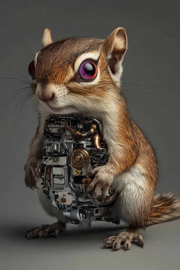 The image is a close-up of a squirrel with a metallic, robotic interior. The squirrel's fur is brown and grey, and its eyes are a vibrant purple. The robot parts are a mix of silver, copper, and black. The squirrel's paws are sharp and detailed. The background is a simple grey, making the squirrel the focal point of the image. It's a visually striking, almost unsettling, image that combines the natural world with technology.