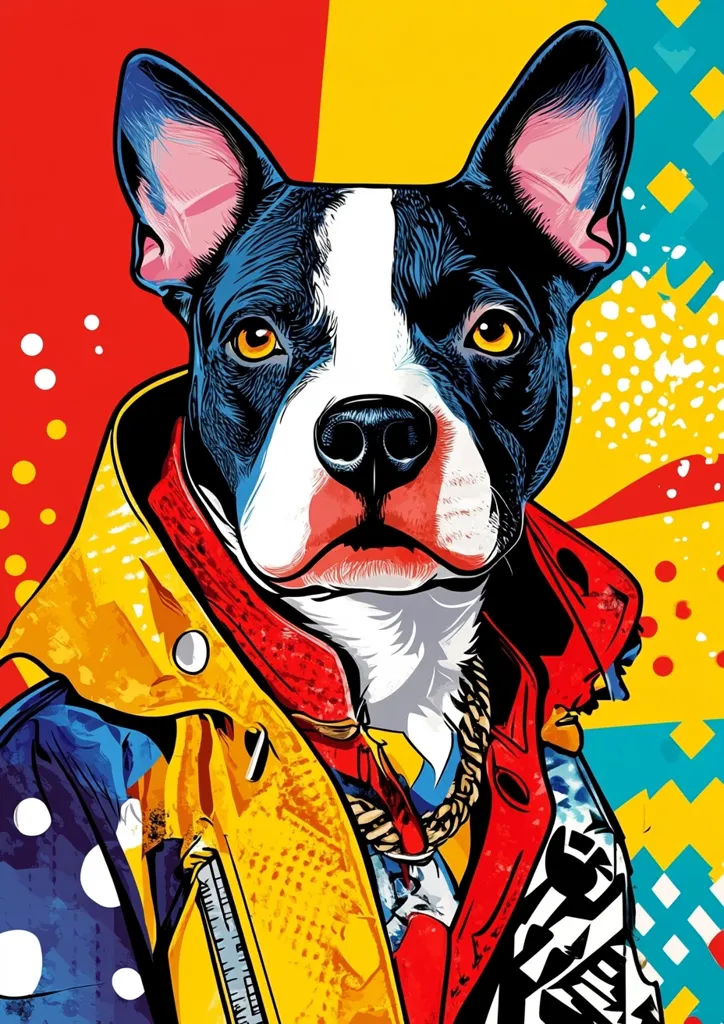 A black and white dog with a serious expression, wearing a yellow, red, and blue jacket with a gold chain. The dog is set against a colorful pop art background, featuring polka dots, stripes, and geometric patterns. The image is vibrant and playful, with a strong emphasis on color and detail.