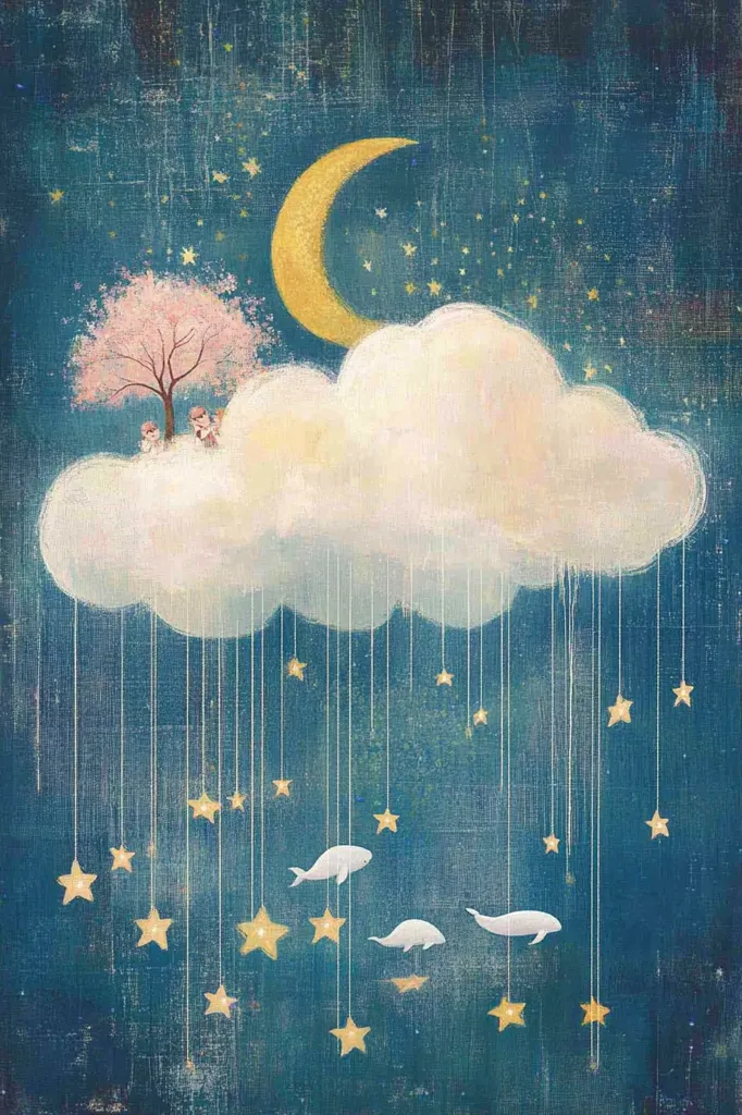 A whimsical illustration of a crescent moon and a fluffy cloud with two figures sitting on it. The cloud is raining down stars, which are connected to the cloud by thin strings. The background is a dark blue, textured canvas with scattered stars.  Three white fish swim between the falling stars, creating a magical, dreamlike atmosphere.