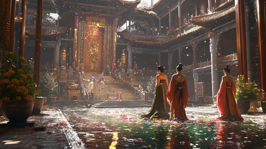 The image depicts a grand, ornate palace with three women in elegant gowns standing in a courtyard filled with a shallow pool of water. The palace has a large, golden doorway leading to a staircase. The women are facing away from the viewer, and the courtyard is decorated with falling petals, creating a magical and ethereal ambiance. The image evokes a sense of mystery and wonder.
