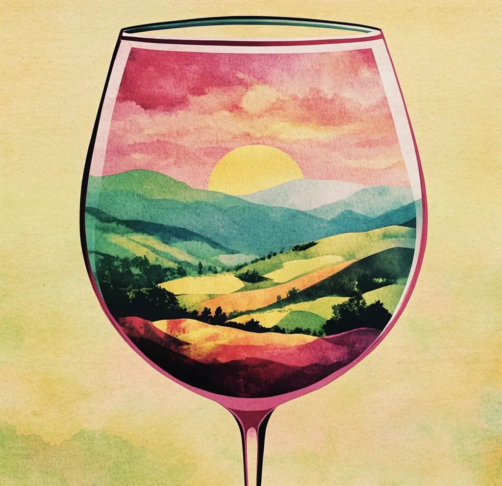 A wine glass filled with a watercolor scene of a sunset over rolling hills. The sky is pink and orange, with a bright yellow sun shining over the green and yellow fields. The hills are painted with a mix of blue, green, and yellow, creating a sense of depth and texture. The glass is a classic wine glass shape, with a thin stem and a wide bowl. The overall effect is serene and peaceful, evoking a sense of relaxation and enjoyment.