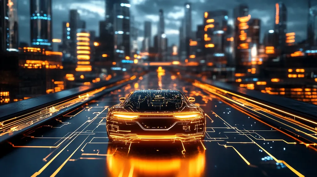 A futuristic city skyline with glowing orange lights, viewed from a road that resembles a circuit board.  A sleek, black car with glowing orange lights drives down the road, surrounded by abstract lines of energy. The car appears to be connected to the city's infrastructure, highlighting the concept of a technologically advanced future.