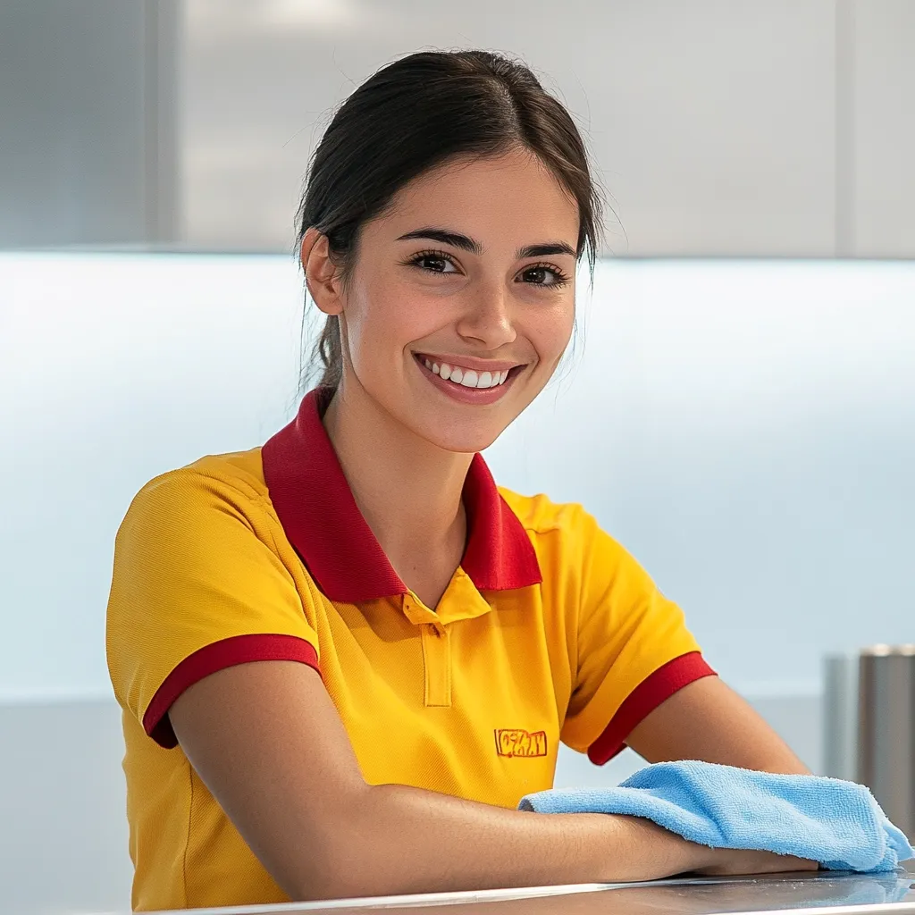 A young woman with long dark hair is wearing a yellow polo shirt with a red collar and a blue cleaning cloth. She is smiling brightly at the camera. She is likely working in a commercial kitchen or a food service setting. The image is well lit and captures the woman's friendly demeanor.
