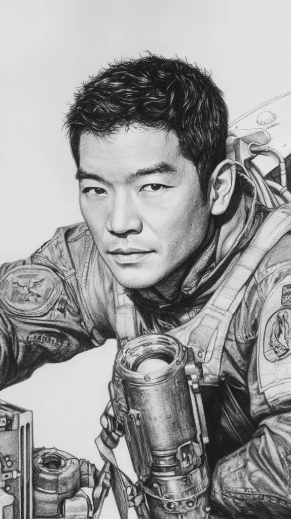 A black and white pencil drawing of a man with short black hair. He is wearing a dark jacket with an insignia on the shoulder. He is looking directly at the viewer with a serious expression. He is holding a large camera lens. The drawing is highly detailed and realistic.