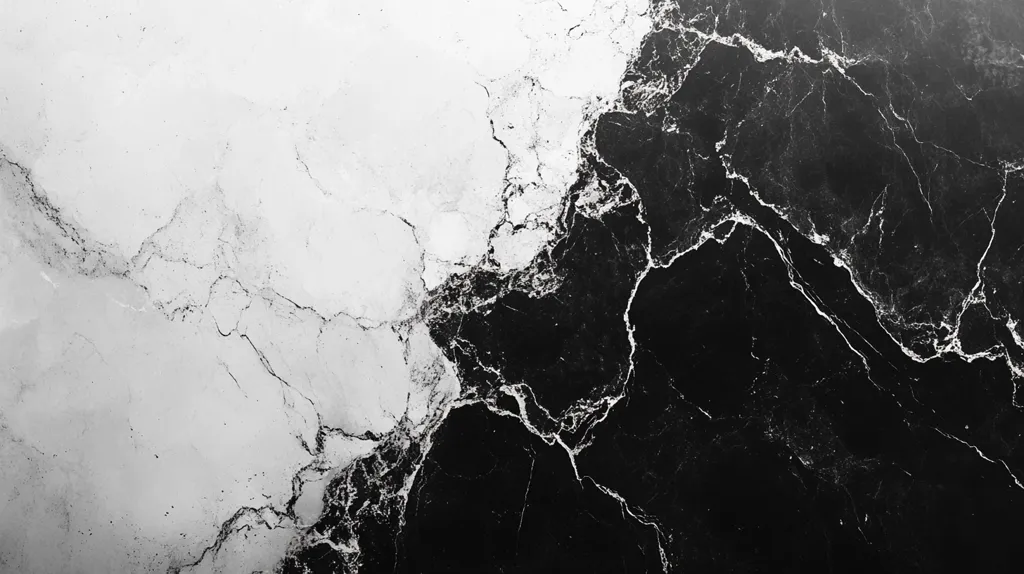 The image shows a close-up of black and white marble. The black marble is on the right side of the image, while the white marble is on the left. The two types of marble are separated by a jagged line. The black marble has white veins running through it, while the white marble has black veins. The image is in focus and has a high level of detail.  The contrasting colours create a striking visual.