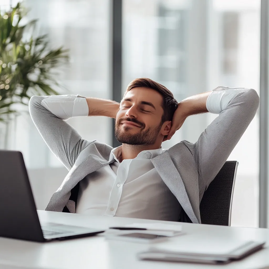 A man in a grey suit sits in an office chair, leaning back with his hands behind his head. He is smiling with his eyes closed, as if in deep relaxation. A laptop sits on the desk in front of him, and the room is bright and airy. He appears to be taking a moment to unwind and de-stress.