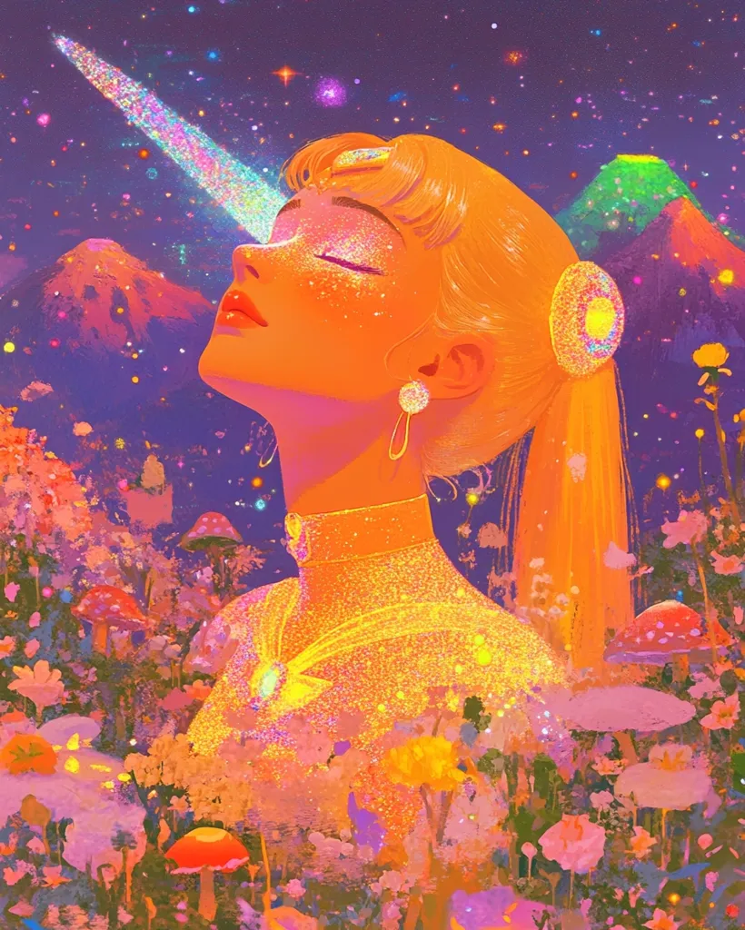 A young woman with long blonde hair stands in a field of colorful flowers and mushrooms. She is gazing up at a shimmering rainbow streak shooting across the night sky. The entire scene is filled with a dreamy, ethereal glow, suggesting a magical or whimsical setting.  The woman's skin and dress are covered in sparkles, adding to the overall sense of enchantment.