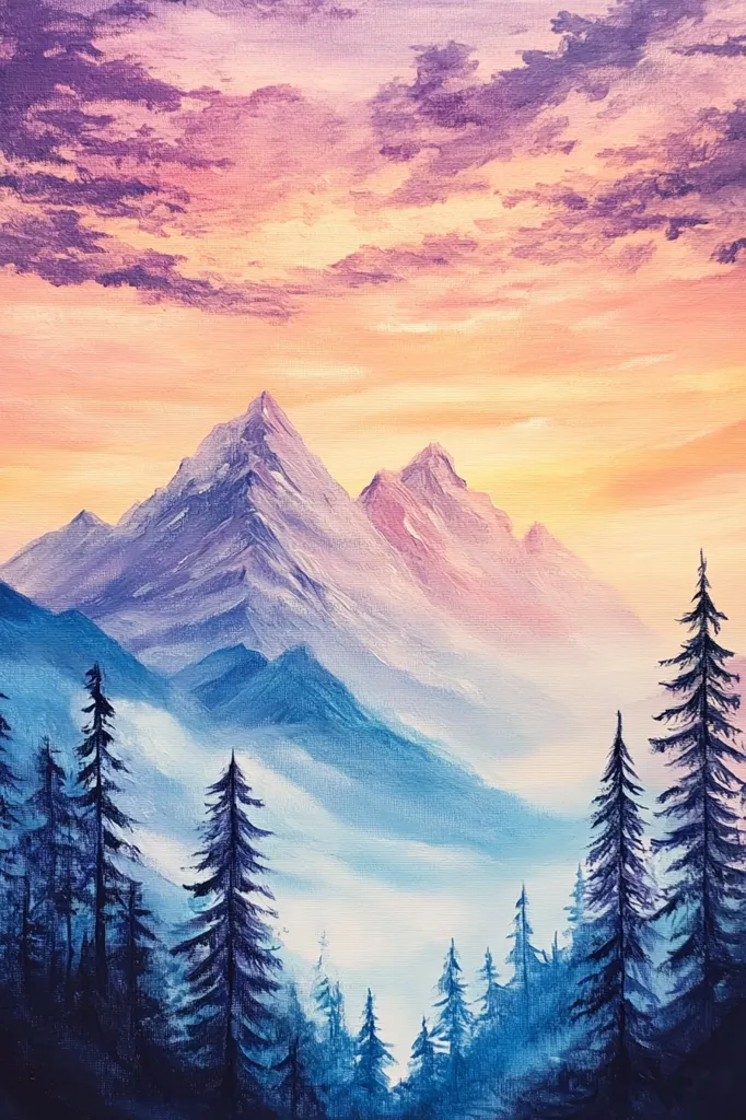 A painting depicting a mountain range under a vibrant sunset sky. The sky is a mixture of purple, pink, and orange, with fluffy clouds. The mountains are painted in shades of blue and purple, with a few snow-capped peaks. The foreground features a line of dark evergreen trees, silhouetted against the light. The overall scene creates a serene and dreamy atmosphere.