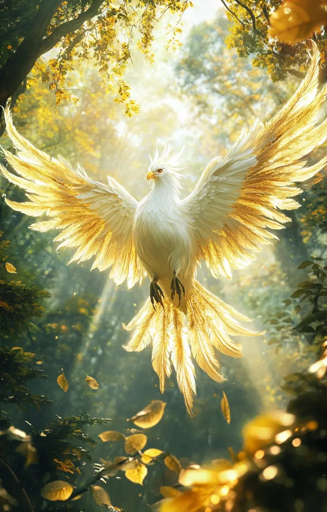 A white bird with golden feathers is flying through a forest, bathed in warm sunlight. The bird's wings are spread wide, its tail feathers trailing behind it. The forest is a blur of greens and yellows, with the sun filtering through the leaves. The image creates a sense of magic and wonder.