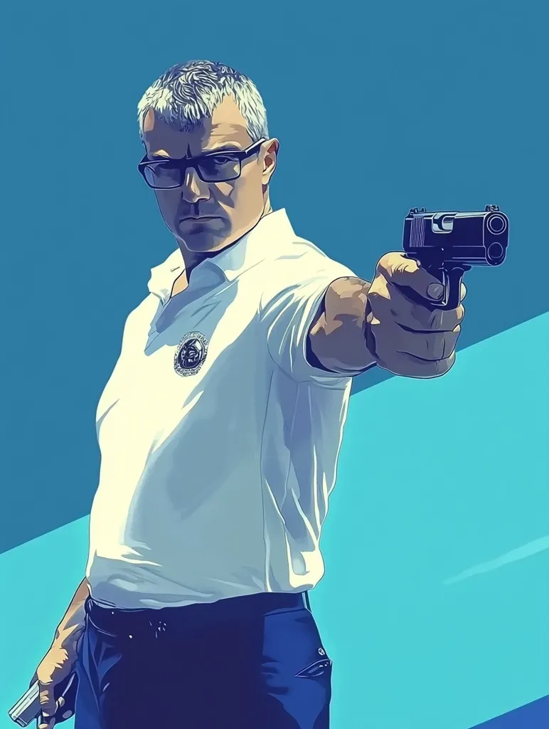 A man with graying hair, wearing a white polo shirt and dark pants, is aiming a gun at the viewer. His face is partially obscured by sunglasses, and his expression is serious and intense. The background is a solid blue color. The image evokes a sense of danger and suspense.  The man appears to be a professional, possibly a police officer or security guard.  The image is digitally rendered and has a stylized, graphic quality.
