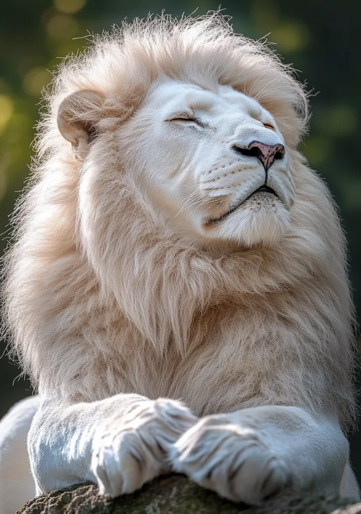 A majestic white lion with a thick mane of fur sits with its eyes closed and head tilted upwards. Its paws rest calmly on a rough, brown surface. The lion's fur is soft and fluffy, and its expression is serene and peaceful. The background is blurred, highlighting the lion's beauty.