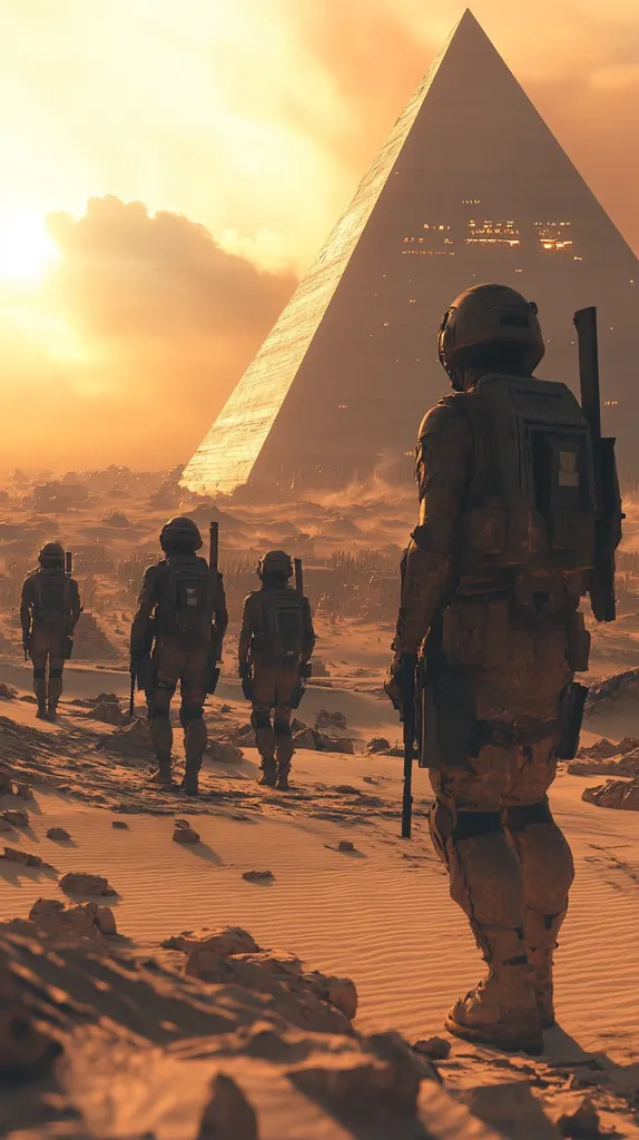 Four soldiers in futuristic armor walk across a barren, sandy landscape towards a massive, pyramid-shaped structure in the distance. The sky is a warm orange and the sun is setting. The scene evokes a sense of mystery and adventure.