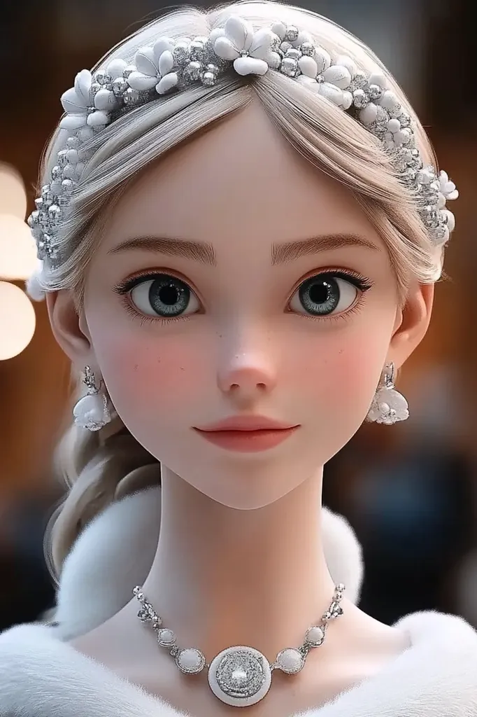 A beautiful, digitally rendered woman with long blonde hair wears a white flower headband, pearl earrings, and a silver and white necklace. Her delicate features and sparkling eyes convey a sense of innocence and elegance. The soft lighting and smooth skin give the image a dreamy, fairytale-like quality.