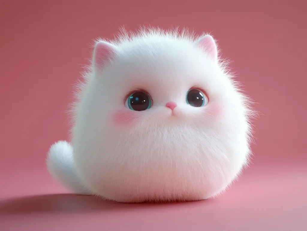A fluffy, white cat with large, round eyes and pink cheeks sits on a pink background. Its fur is extremely soft and puffy, making it look like a cotton ball. The cat's tail is curled up behind it, and its expression is innocent and adorable. The image is likely a digital illustration.
