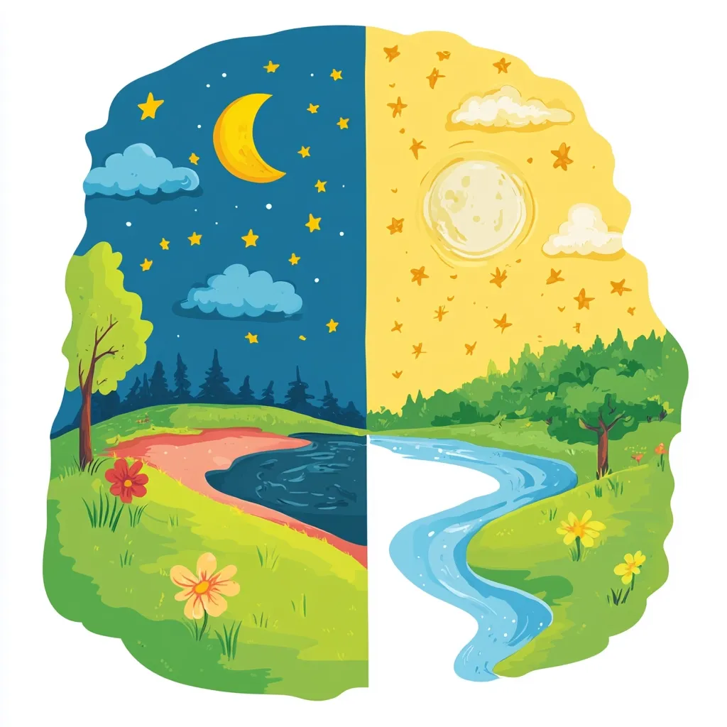 The image depicts a whimsical split-screen view of day and night. The left side shows a starry sky with a crescent moon, while the right side features a bright yellow sun with fluffy clouds. A river flows through the center, connecting the two scenes. The landscape is lush and green, dotted with trees, flowers, and a gentle curve of the river. The image captures the peaceful transition between day and night.
