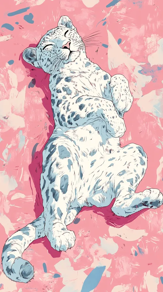 A snow leopard lies on its back, curled up with its paws tucked in. It has closed eyes and a contented expression. Its white fur is patterned with black spots, and it is lying on a pink background with blue and white splotches. The image is a stylized illustration with a soft, dreamlike quality.