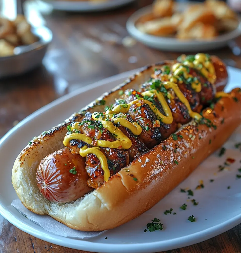 A grilled hot dog on a toasted bun, topped with a generous helping of mustard, chopped parsley, and what appears to be a spicy sauce. The hot dog is nestled in a white plate with scattered parsley around it. The image is taken from a slightly elevated angle, showcasing the deliciousness of the hot dog.