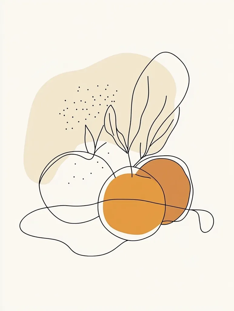 A simple line drawing of three oranges, with a leafy stem and a brown spot in the background. The oranges are drawn in a minimalist style, with only their outlines visible. The drawing is done in black and brown. It is a simple and elegant design, perfect for a minimalist aesthetic.