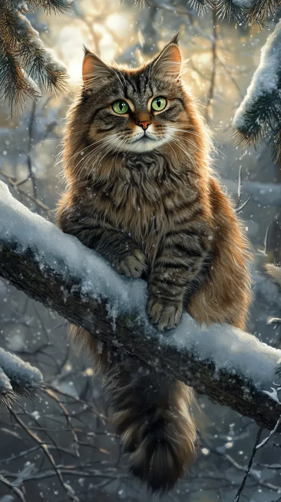A fluffy brown tabby cat with green eyes sits on a snow-covered branch in a wintery forest. The cat's fur is thick and soft, and its tail drapes over the branch. The background is blurred, creating a sense of depth and solitude. The image evokes a feeling of peaceful serenity.
