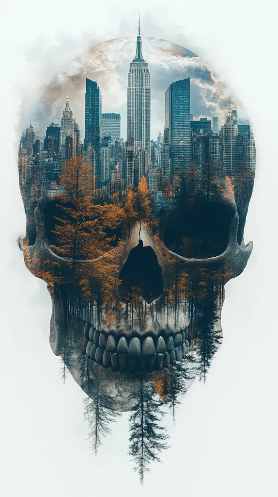 The image is a double exposure of a human skull and a city skyline. The skyline is seen through the skull, with the Empire State Building prominent in the center. The image is stylized with a watercolor effect, creating a hazy and ethereal atmosphere. The juxtaposition of the skull and the city creates a sense of mortality and the fleeting nature of life.  The trees that sprout from the skull's teeth add an element of nature and rebirth.  The overall image is a powerful and evocative commentary on the cycle of life and death.
