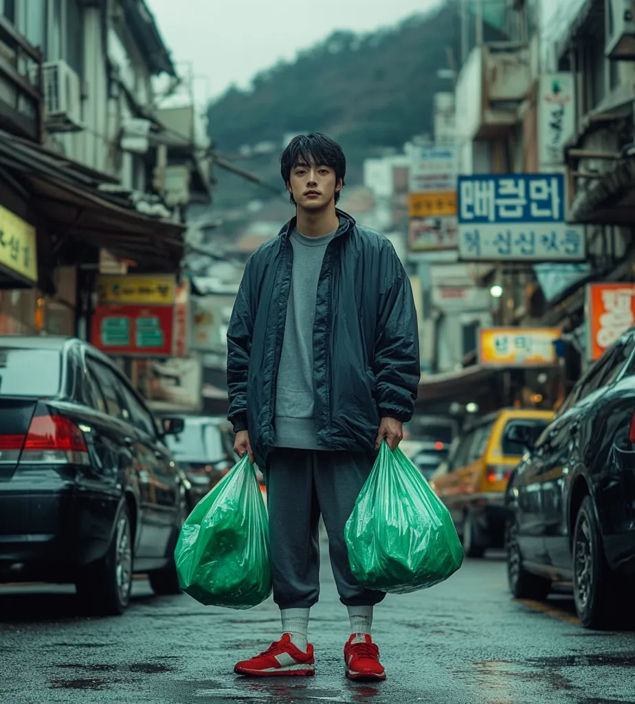 A young man, dressed in a black jacket and grey sweatpants, stands in a wet, narrow street with two green plastic bags in his hands. He looks directly at the camera with a neutral expression, while the background blurs with the image of cars and a bustling Korean market. The street is damp and reflective, suggesting rain.