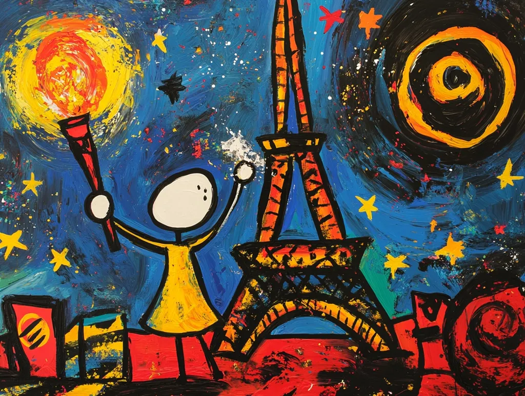 The painting is a colorful and abstract representation of a person holding a torch in front of the Eiffel Tower against a blue night sky speckled with stars. The person is depicted as a stick figure in yellow and black, while the Eiffel Tower is rendered in bold, black lines against a red and orange background. The sky is filled with white and yellow stars and a large black circle with a yellow center. The overall style of the painting is playful and bold, with vibrant colors and thick brushstrokes. The artist has captured the essence of Paris with a touch of whimsy and energy.