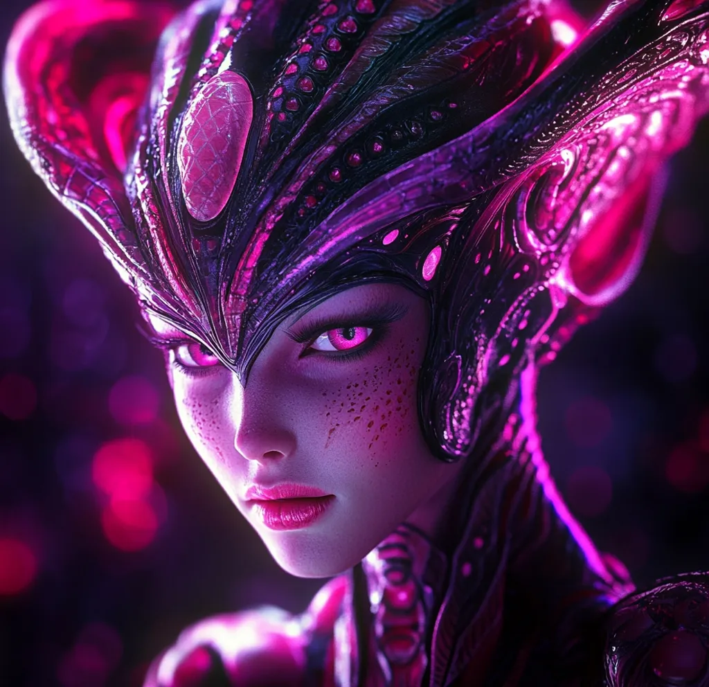 A female figure with glowing pink eyes stares intensely at the viewer. Her face is partially obscured by a helmet-like headpiece that features an intricate, biomechanical design. Her skin is adorned with a pattern of pink dots, creating a striking contrast against her dark hair and headpiece. The background is a blur of pink and purple lights. The overall image evokes a futuristic, sci-fi aesthetic.