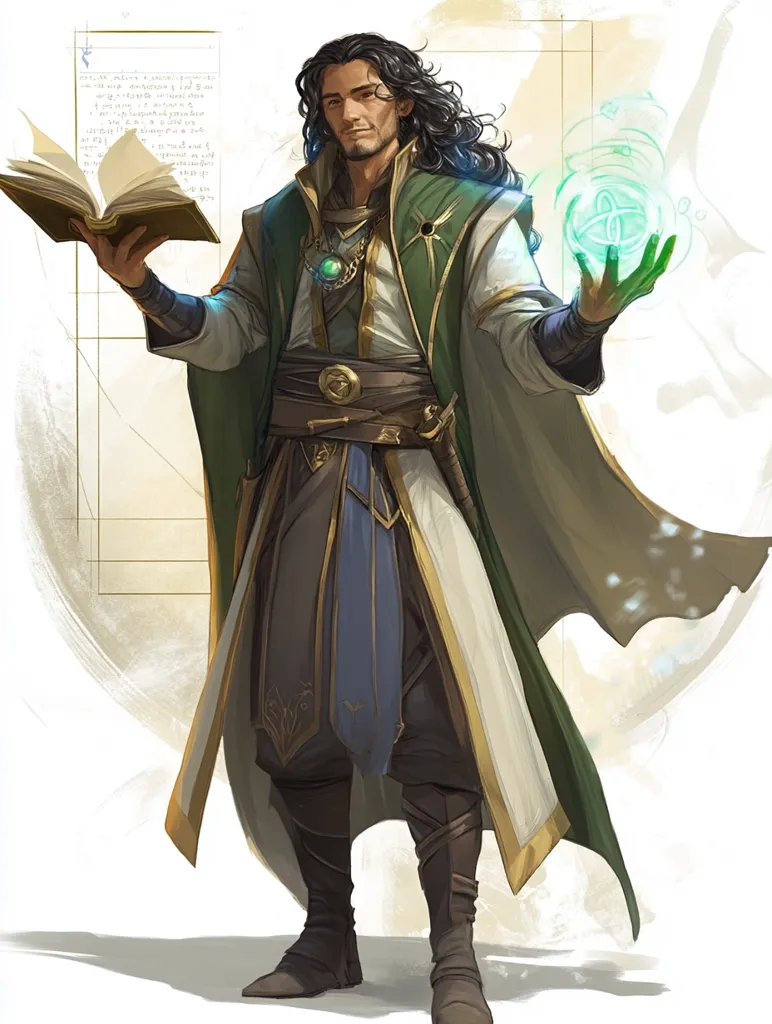 The image depicts a male wizard, wearing a long green and white robe with golden accents. He has long black hair and a beard. He holds a book in his left hand and a glowing green orb in his right hand. He stands against a white background with a faint grid pattern. The wizard appears to be casting a spell, with magical particles floating in the air around him. He has a serious expression on his face and a confident posture.