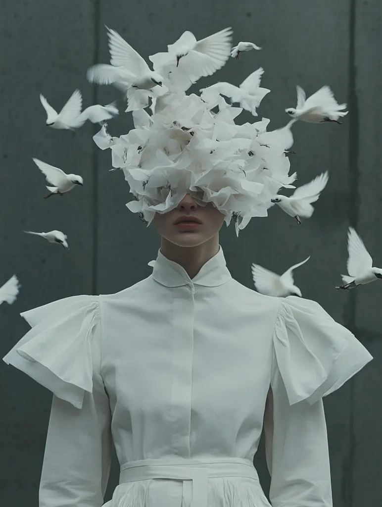 A woman wearing a white collared shirt with puffed sleeves stands in front of a grey backdrop. She has a large, intricate headpiece made of white fabric, shaped like a cluster of white doves, completely obscuring her face. White doves are flying around her. The image is stylized, with a monochromatic color palette and a sense of mystery.