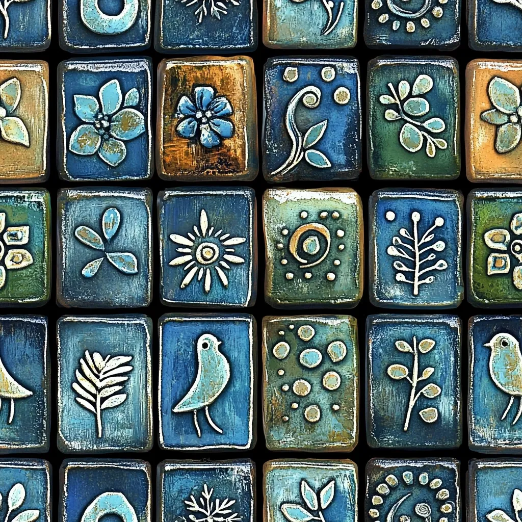 The image shows a tiled wall made of square tiles. The tiles are painted in shades of blue, green, and gold. Each tile features a different hand-drawn design, including flowers, birds, leaves, and geometric patterns. The tiles are arranged in a grid pattern, creating a visually interesting and intricate design. The overall effect is one of handcrafted beauty and subtle elegance.