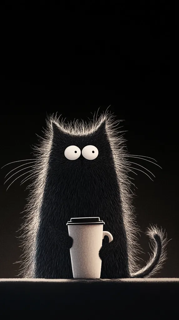 A fluffy black cat with large white eyes is holding a white takeaway coffee cup. The cat's fur is very detailed and appears to be soft and fluffy. The cat is sitting on a white surface in front of a black background.  The image has a whimsical and cartoonish feel.  The cat appears to be enjoying its coffee.