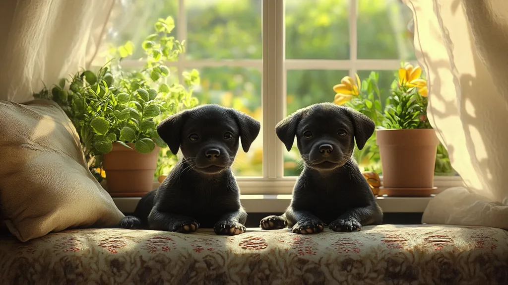 Two black labrador puppies sit side-by-side on a window seat, bathed in the warm light streaming in. They gaze at the camera with innocent eyes, their soft fur catching the light. Behind them, potted plants add a touch of greenery, and sheer curtains flutter in the breeze. The scene exudes a sense of peace and contentment.