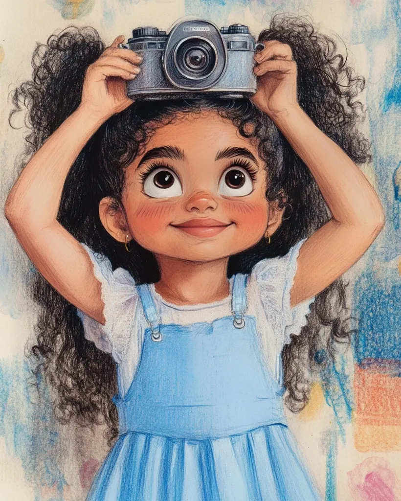 A young girl with dark curly hair is holding a vintage camera above her head. She is wearing a white shirt with lace sleeves and a light blue overall dress. Her big brown eyes are looking upwards and she has a happy expression on her face.  The background is a soft blend of colors, creating a whimsical feel. The image evokes a sense of childhood wonder and exploration.