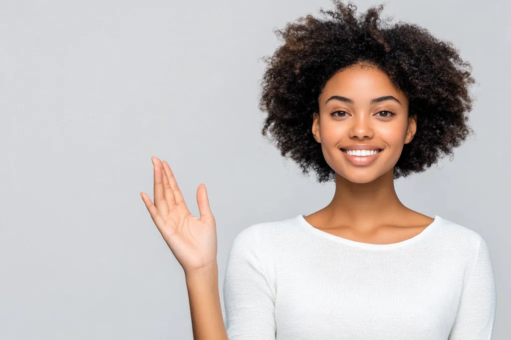 A young woman with curly dark hair and a white sweater is smiling at the camera. She is standing against a plain grey background with her left hand extended towards the camera, palm facing outwards. Her facial expression is warm and inviting.  She looks happy and confident.