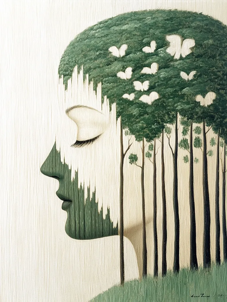 The image depicts a woman's profile with her eyes closed.  Her hair and face are formed by a forest, with tall trees standing out in the foreground.  White butterflies flutter among the foliage, suggesting a sense of peace and tranquility. The overall effect is dreamlike and surreal.