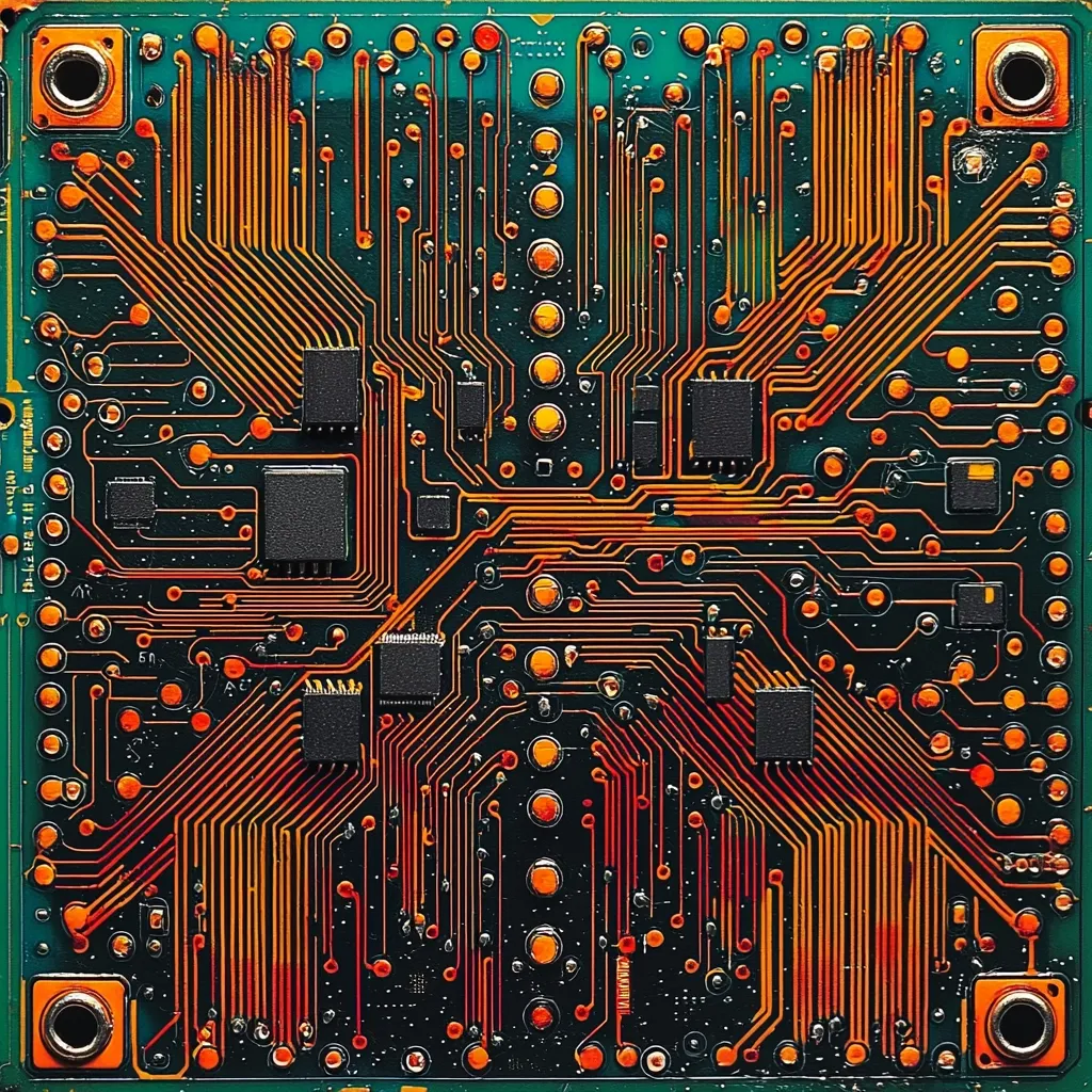 The image shows a close-up of a circuit board, with intricate copper tracks and components. The board is a dark green color, and the tracks are a bright orange. There are several small black rectangular components, along with round holes for connections. The image evokes a sense of complex technology and the inner workings of electronic devices.