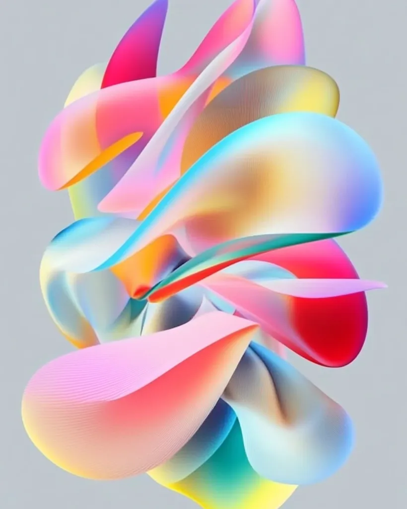 The image features a colorful, abstract design. It appears to be made up of several overlapping, fluid shapes in shades of pink, red, yellow, blue, and green. The shapes are arranged in a dynamic, swirling pattern, creating a sense of movement and energy. The overall effect is visually captivating and evokes a feeling of modern art.