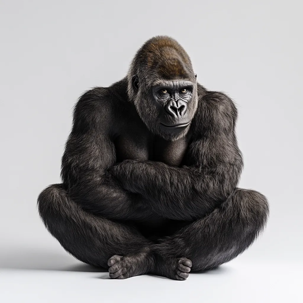 A large, black gorilla sits with its legs crossed, its arms wrapped around its body. Its dark, intelligent eyes gaze intently at the viewer, while its thick, black fur covers its massive frame. The gorilla's relaxed posture and calm expression suggest a sense of quiet power and strength. The white background provides a stark contrast to the gorilla's dark form, emphasizing its imposing presence.